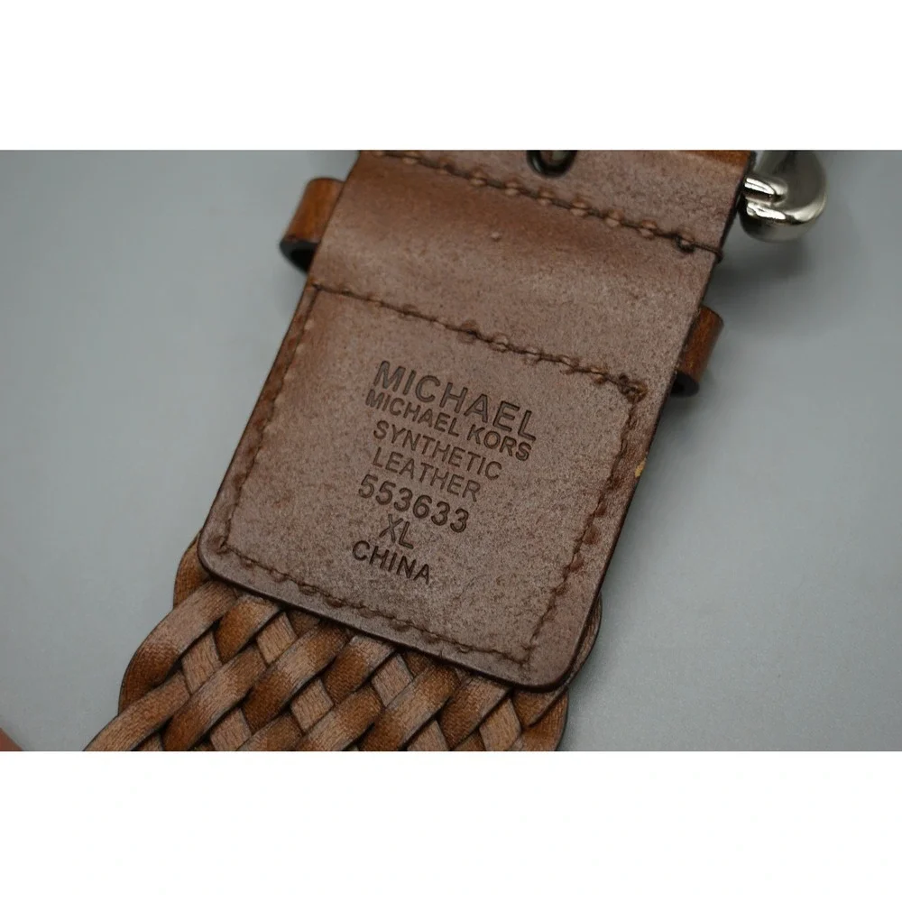 Michael Kors Mens Braided Woven Belt Brown Synthetic Leather Silver Buckle XL